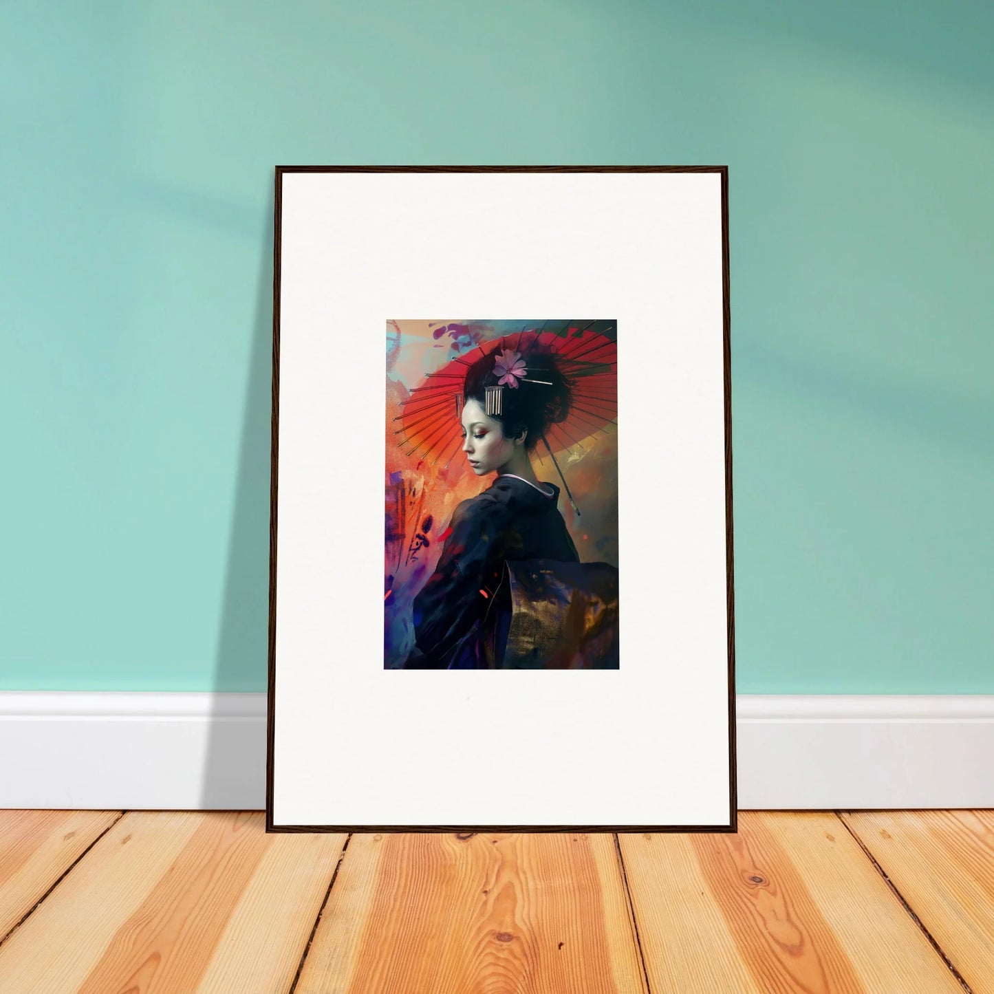 Framed wall art featuring a figure with a red parasol in a colorful Silken Realm