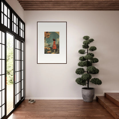 Framed wall art of a figure in red on a blue-green background for unique room decor