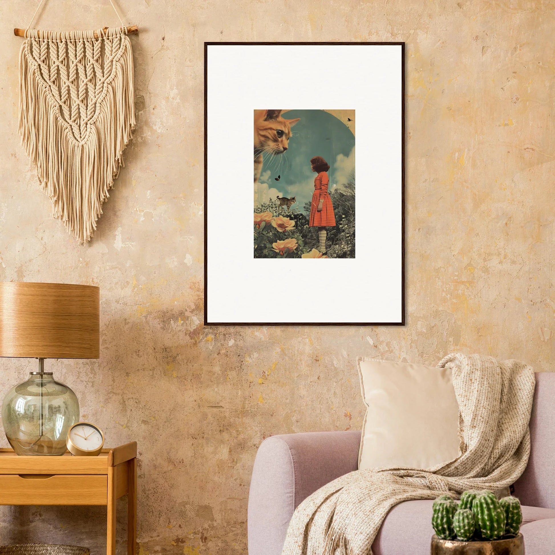 Framed wall art of a surreal underwater scene featuring a figure in a red coat amidst fish