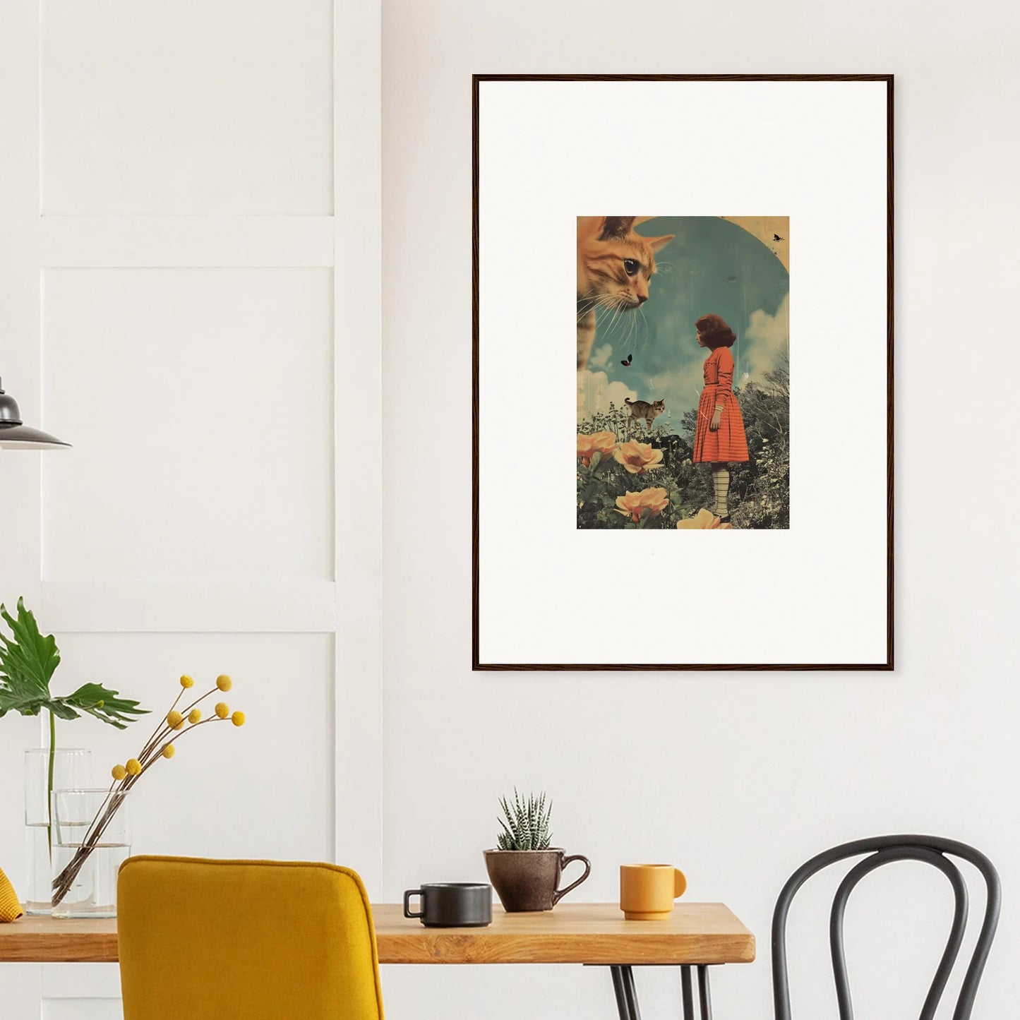 Framed wall art of a figure in a red coat with sunflowers for dreamy room decor