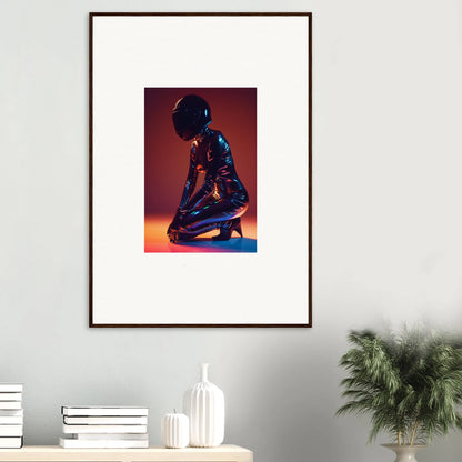 Framed wall art of a kneeling figure in a metallic suit, perfect room decor for Night Oracle