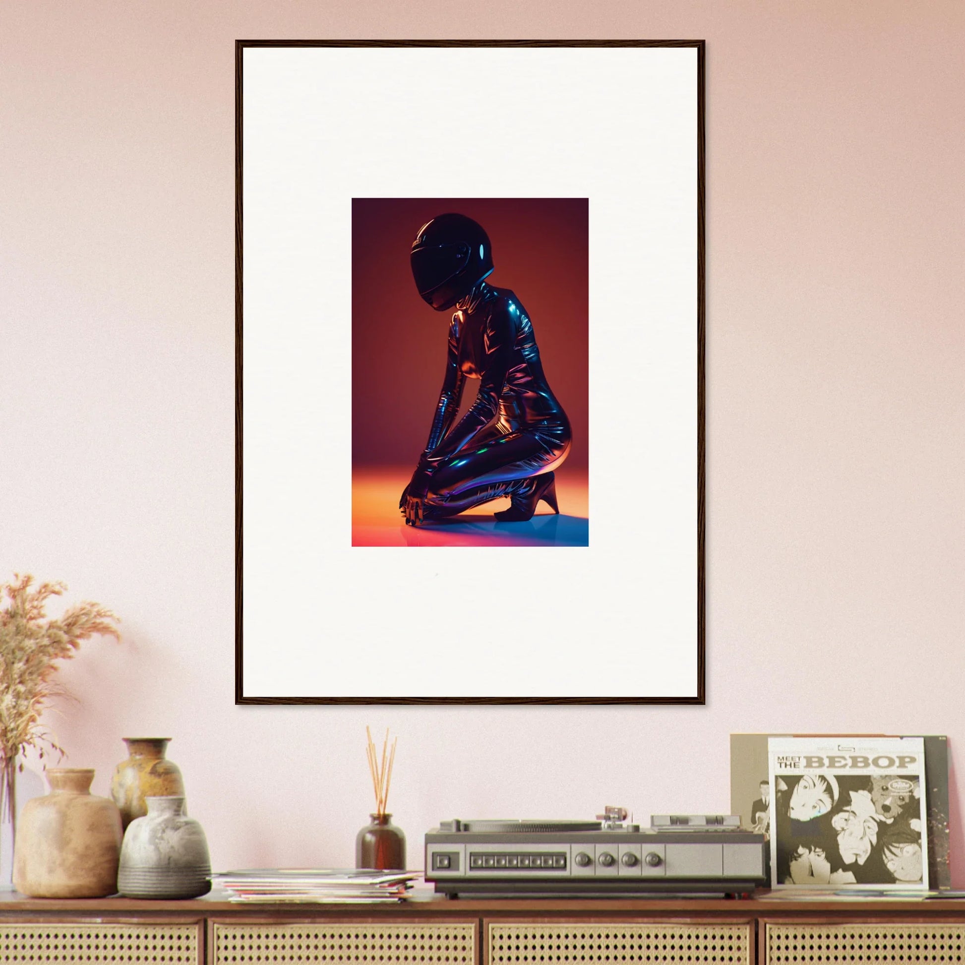 Framed wall art of a figure in a shiny suit, inspired by Night Oracle, ideal room decor