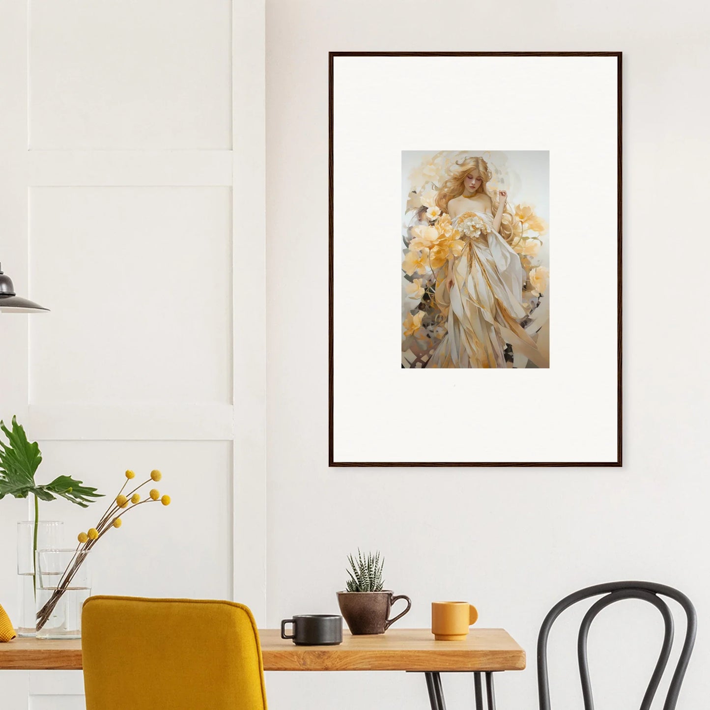 Framed wall art of a figure among yellow flowers in the Ethereal Blossom Sway style