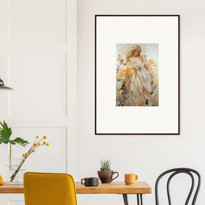 Framed wall art of a figure among yellow flowers in the Ethereal Blossom Sway style