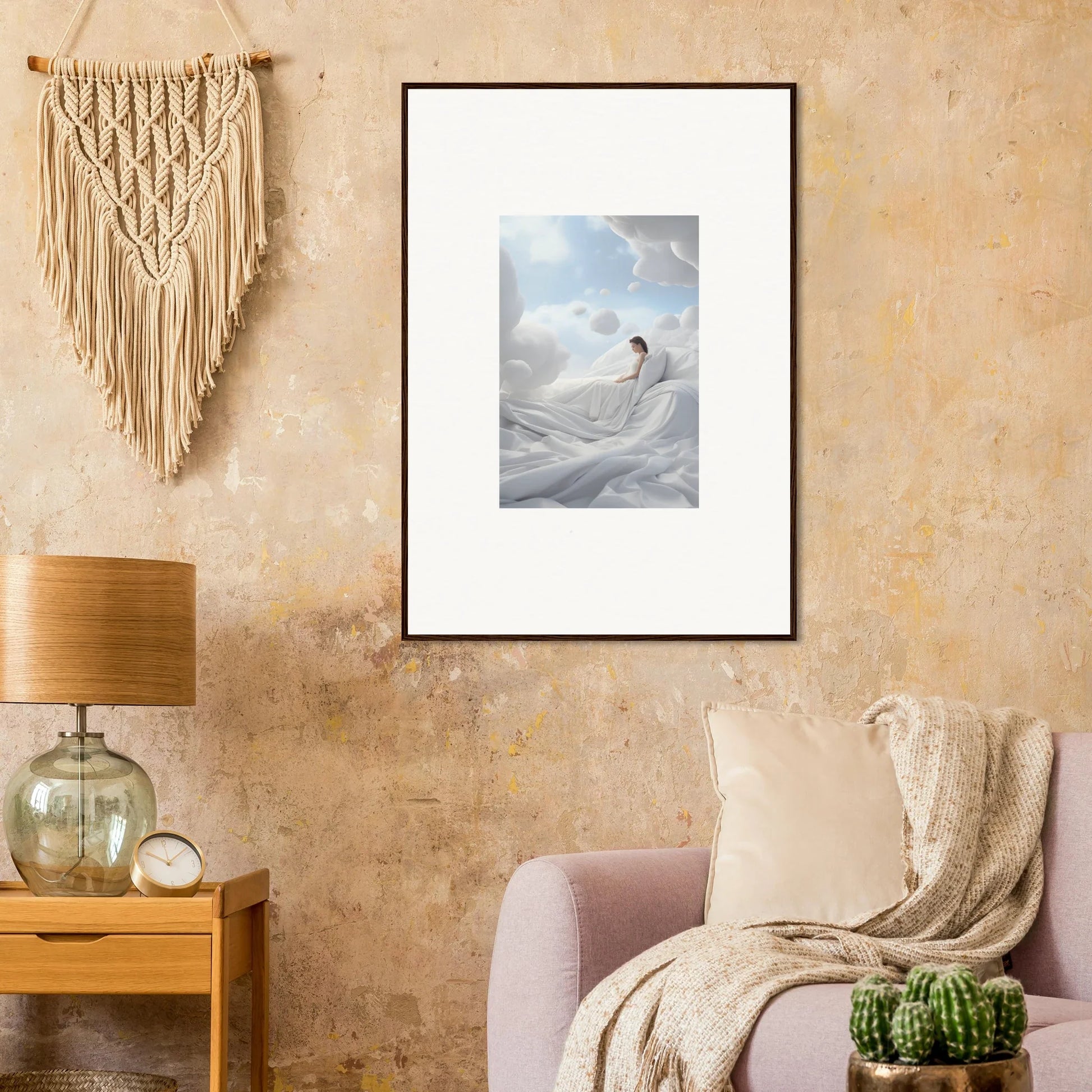 Framed wall art of a figure in white waves for a cotton dream room decor