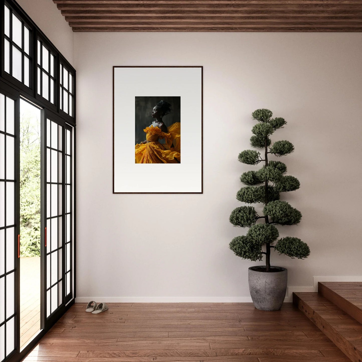 Framed wall art of a figure in a yellow dress, perfect for Silence Rapture room decor