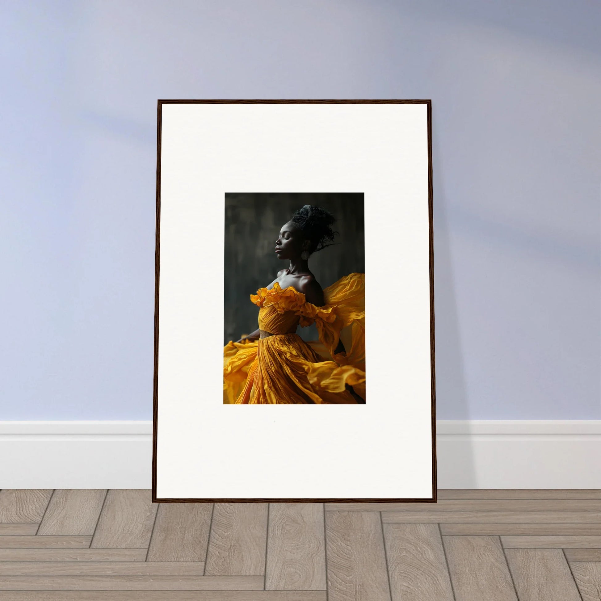 Framed wall art featuring a figure in a yellow dress, perfect for Silence Rapture decor