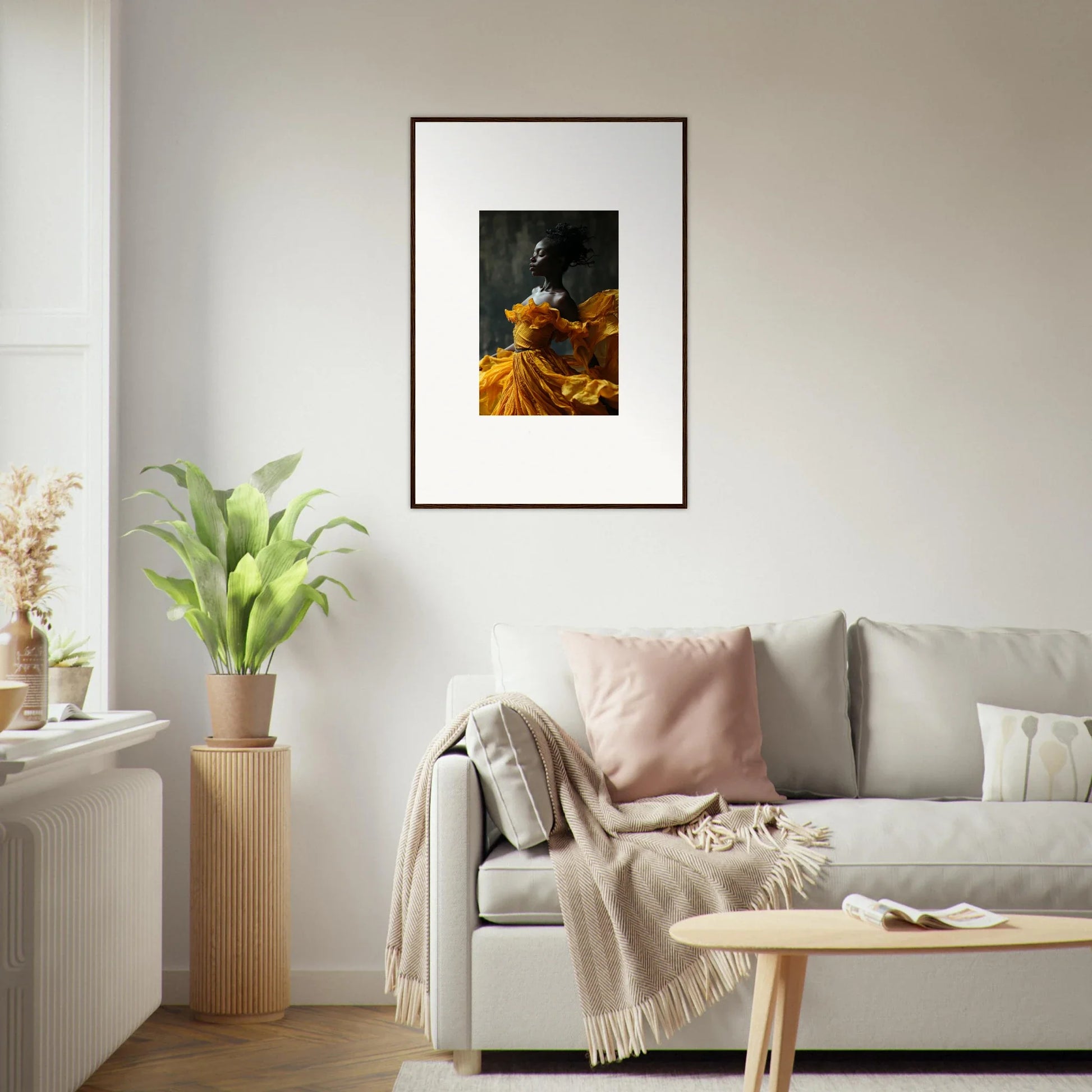 Framed wall art of figure in yellow dress, enhancing room decor with sunlit whispers