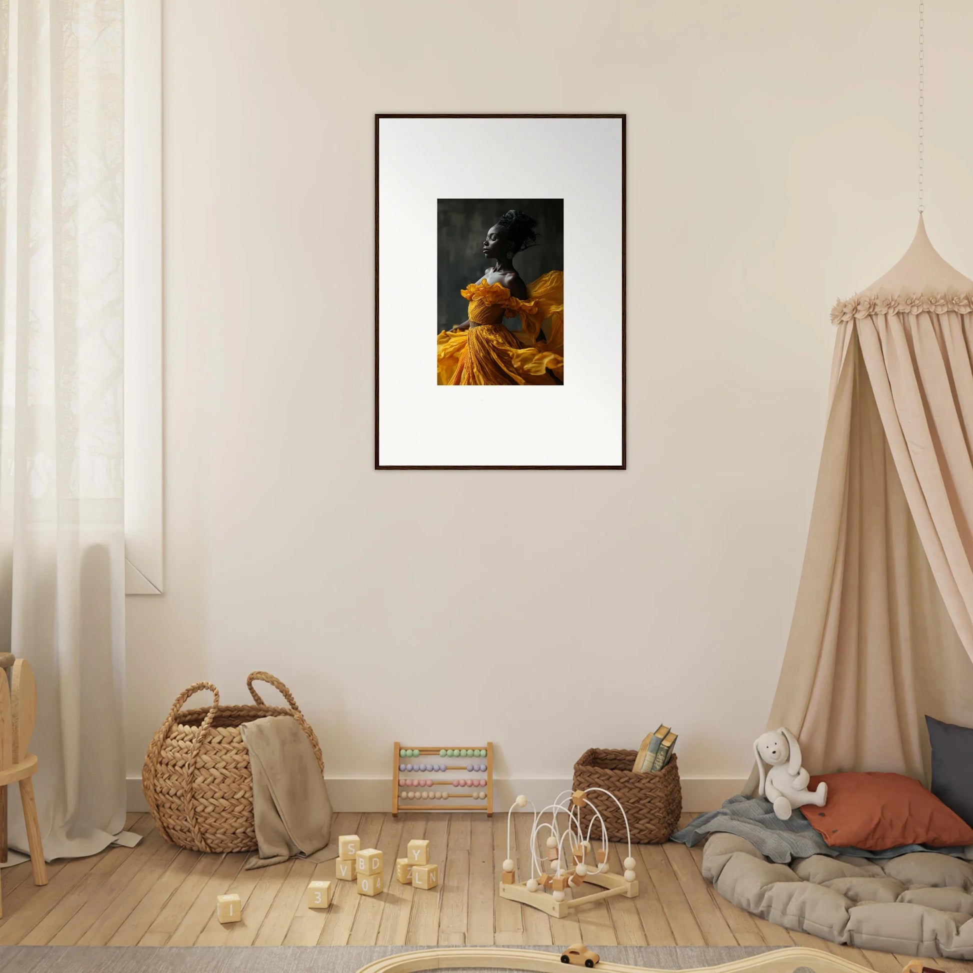 Framed wall art of a figure in a yellow dress, perfect for a Silence Rapture theme