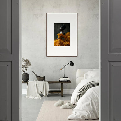 Framed wall art of a figure in yellow-orange dress, perfect for Silence Rapture room decor