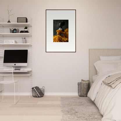 Framed wall art of a figure in a yellow dress, capturing Silence Rapture for room decor