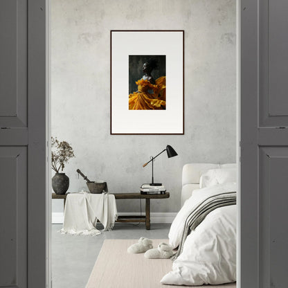 Framed wall art of a figure in a yellow dress, perfect room decor for sunlit whispers