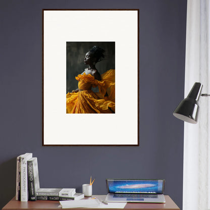 Framed wall art of a figure in a yellow dress, perfect for Silence Rapture room decor