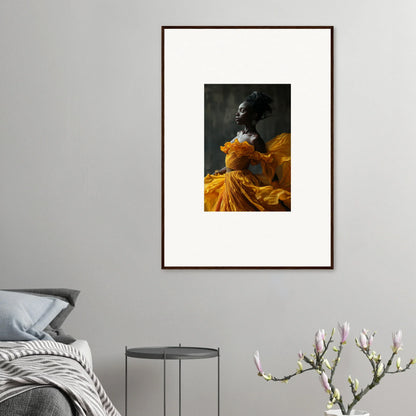 Framed wall art of a figure in a yellow dress, perfect for silence rapture room decor