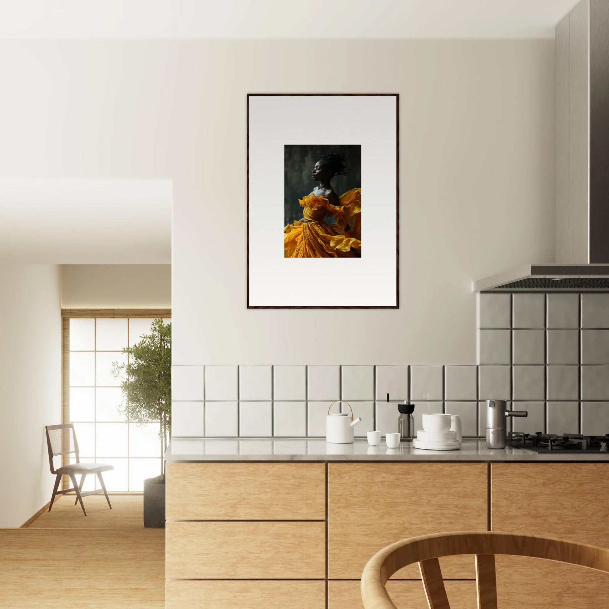 Framed wall art of a figure in a yellow dress, perfect for sunlit whispers room decor