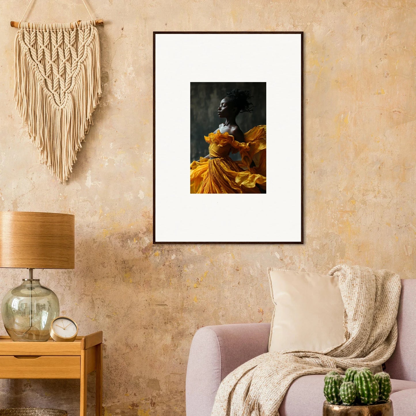 Framed wall art of a figure in a yellow dress, perfect for sunlit whispers room decor