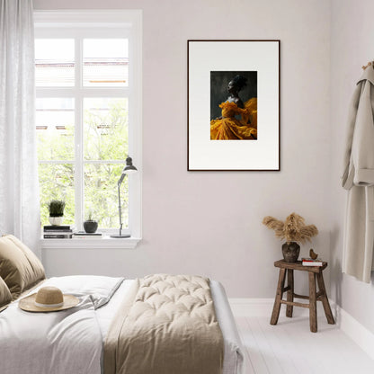 Framed wall art featuring a figure in a yellow dress for elegant room decor