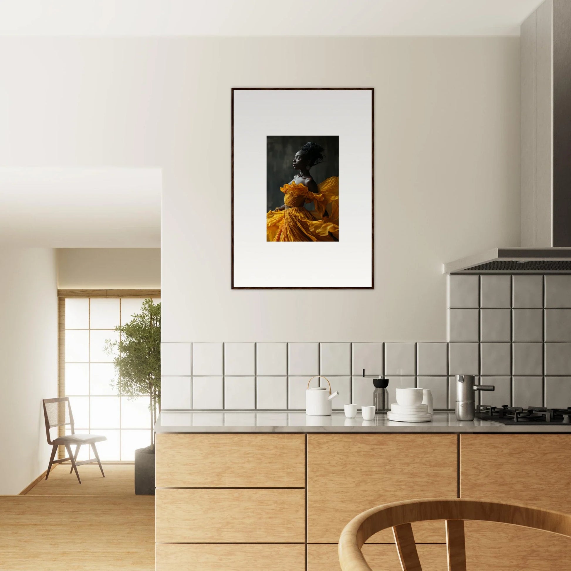 Framed wall art of a figure in a yellow dress, enhancing room decor and silence rapture