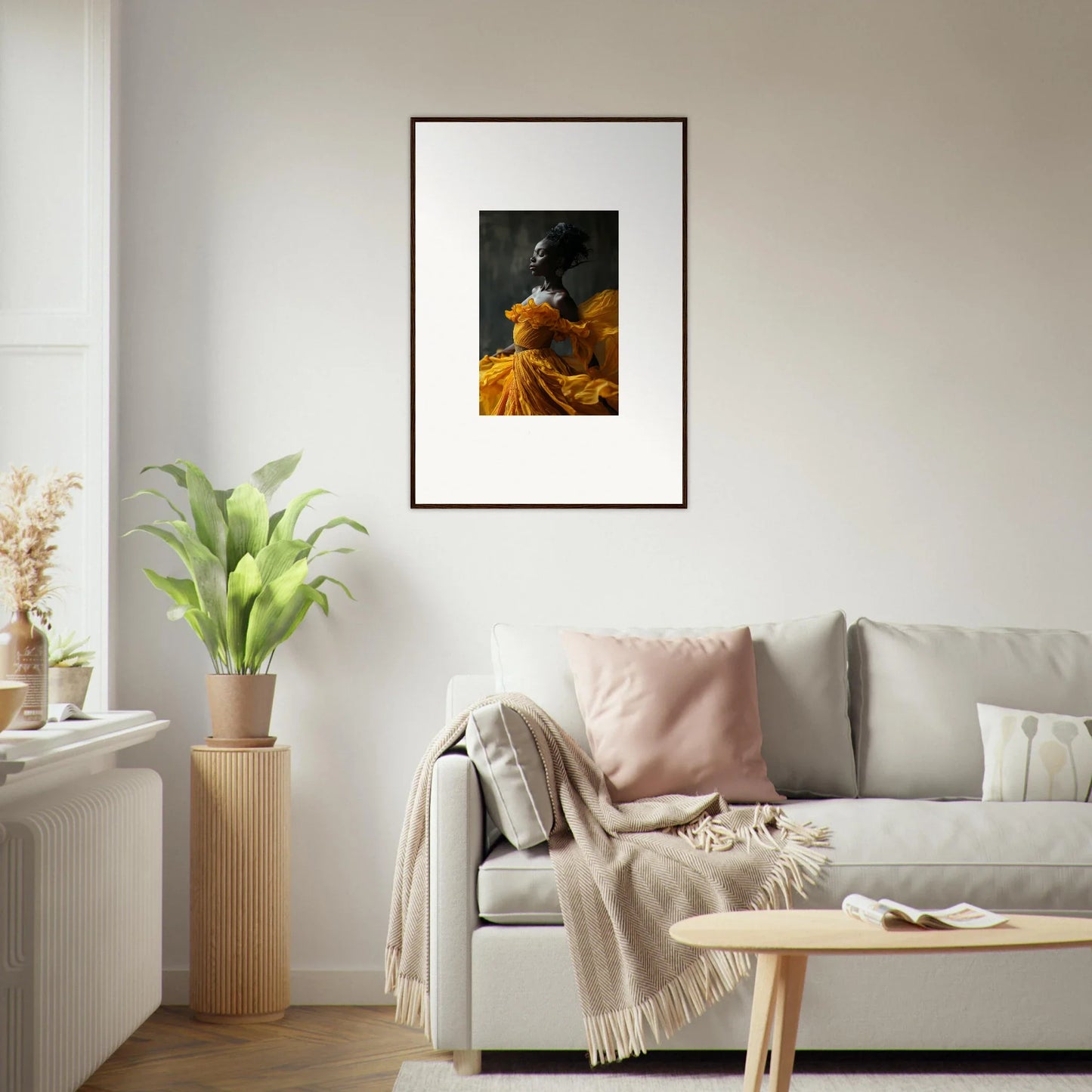 Framed wall art of a figure in a yellow dress for elegant room decor, Silence Rapture