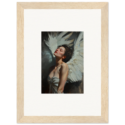 Framed wall art of a figure with white wings embodies feathered elegance for room decor