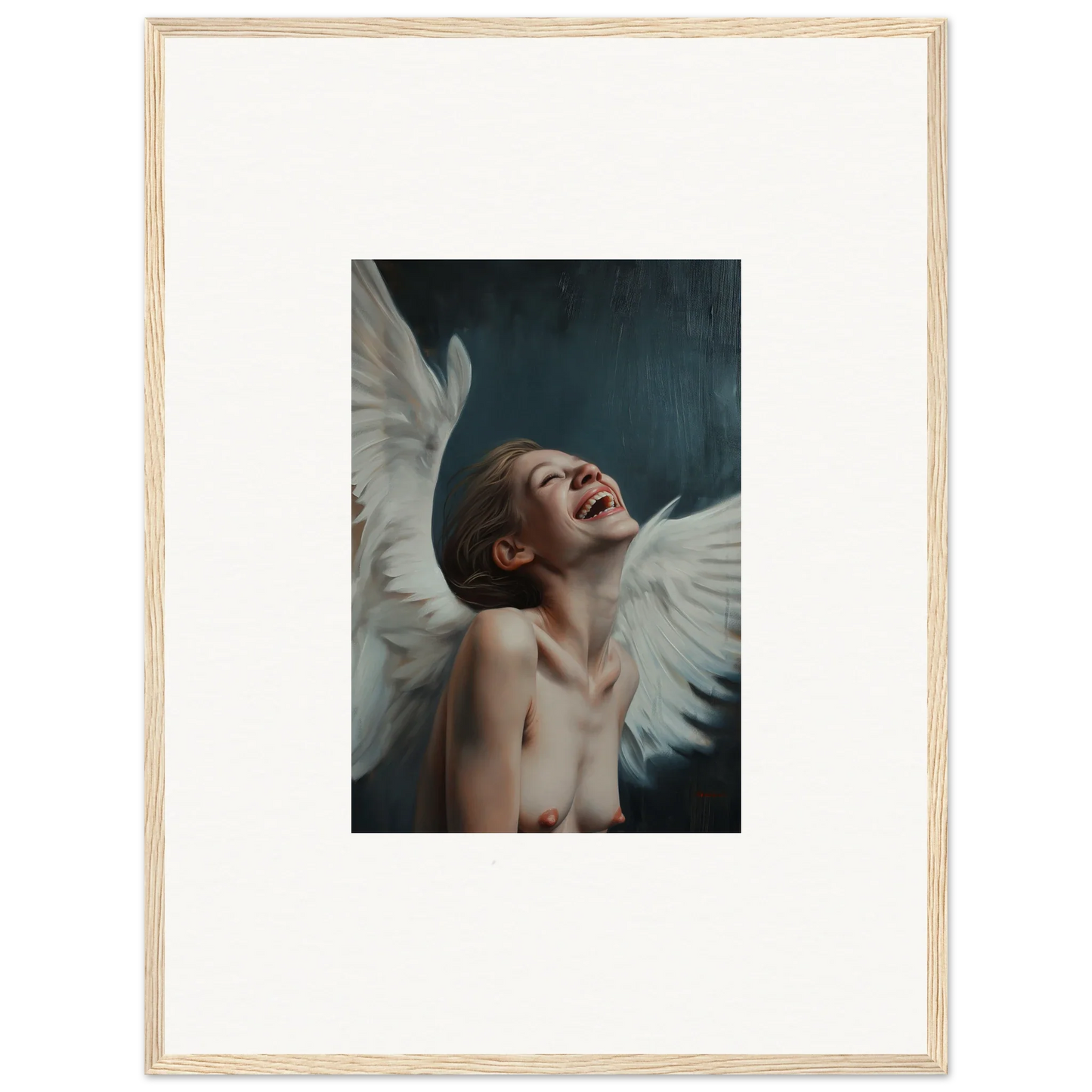 Framed wall art of a figure with white wings in ecstasy, ideal for wing time room decor