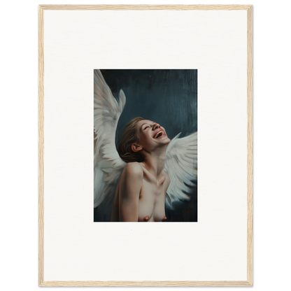 Framed wall art of a figure with white wings in ecstasy, ideal for wing time room decor