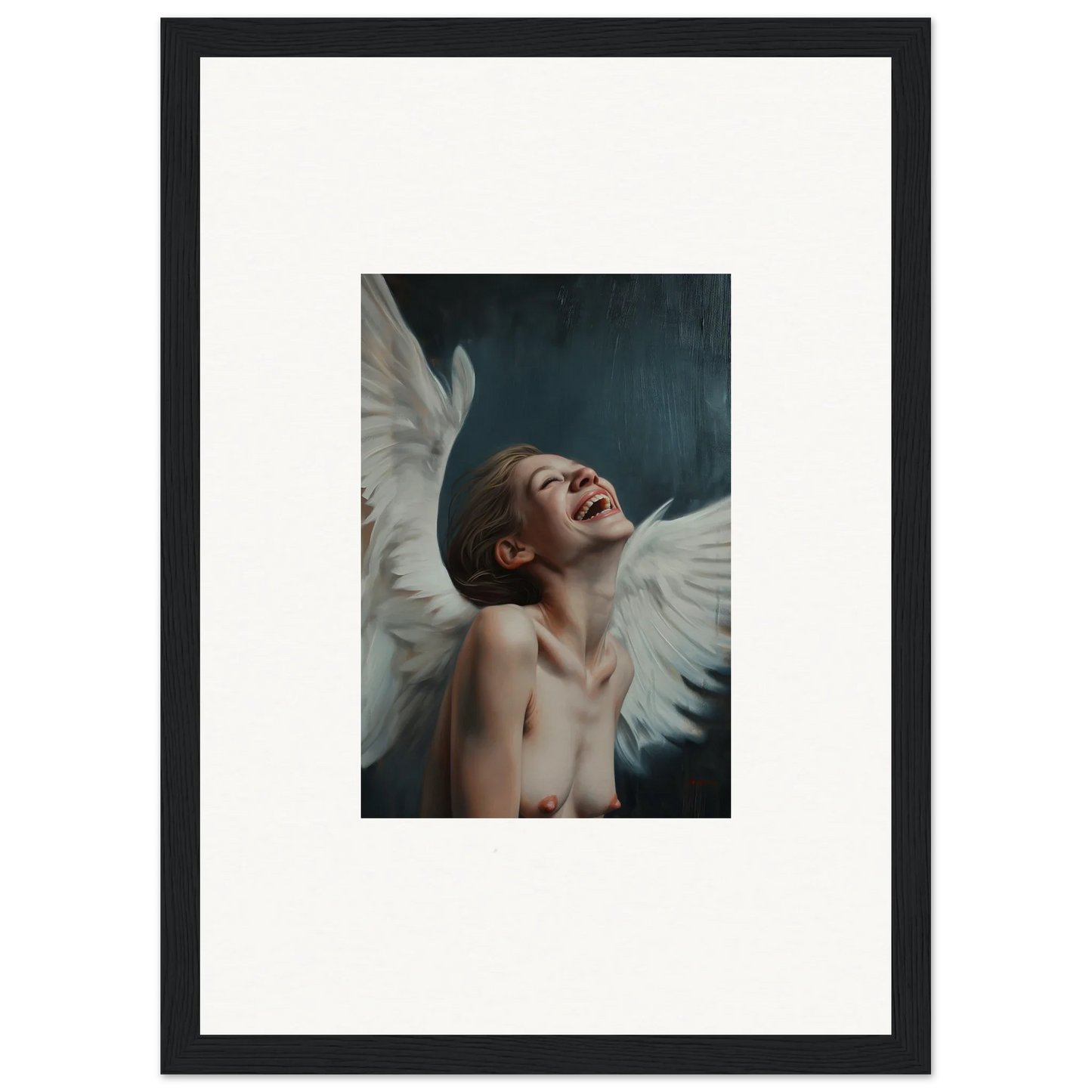 Framed wall art of a figure with white wings, perfect for Ecstasy Wing Time room decor