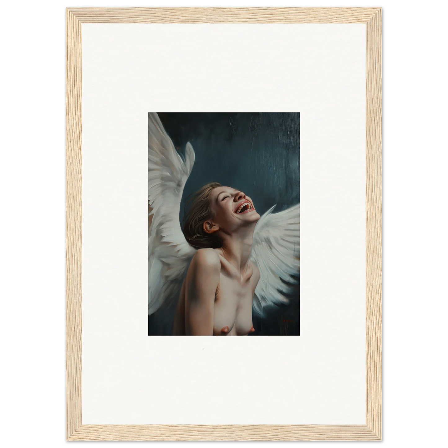 Framed wall art of a figure with white wings in ecstatic pose for unique room decor