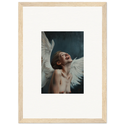 Framed wall art of a figure with white wings in ecstatic pose for unique room decor