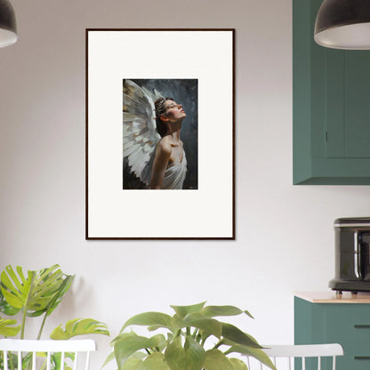 Framed wall art of a figure with white wings, perfect for light orchard room decor