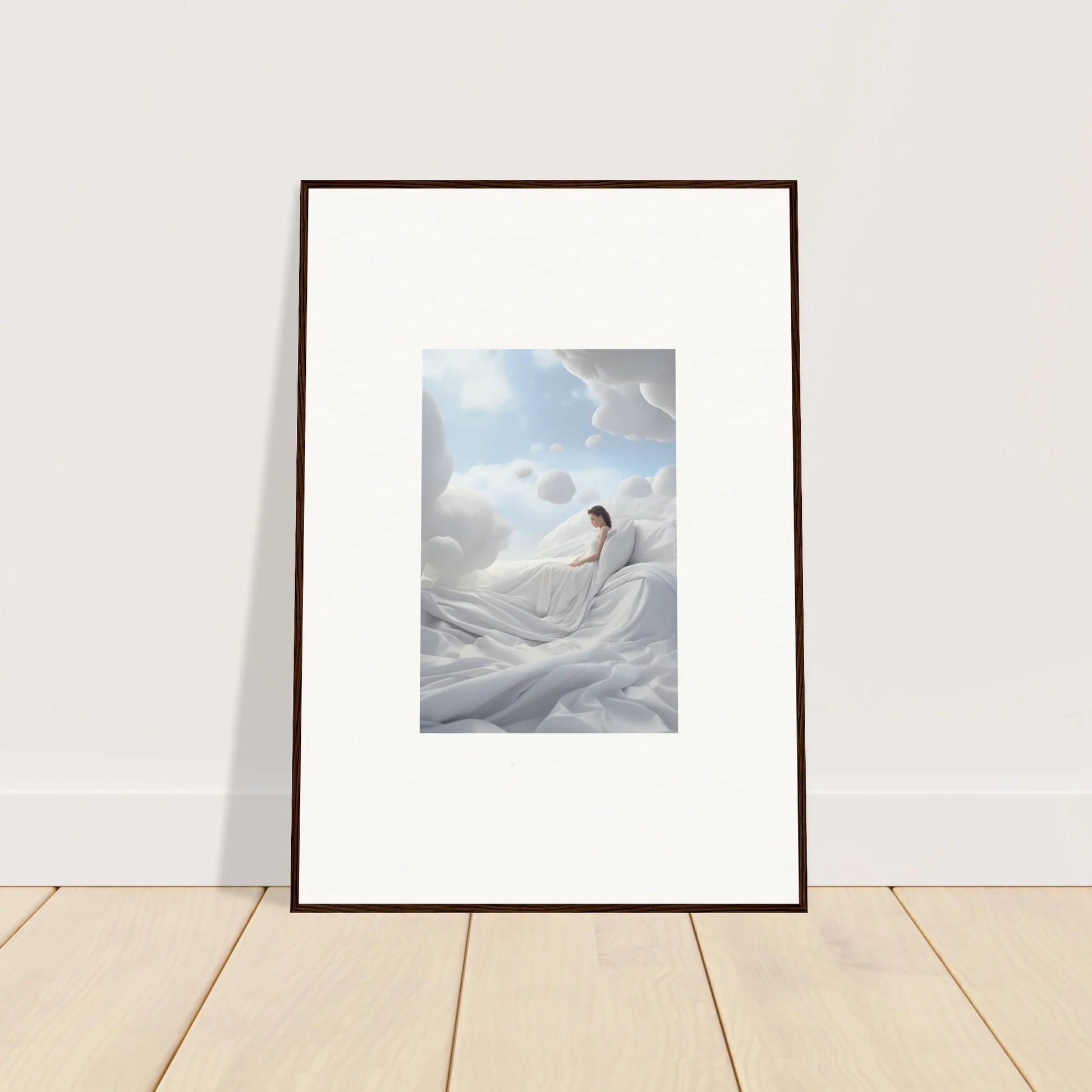 Framed wall art of a figure in white fabric for cotton dream room decor