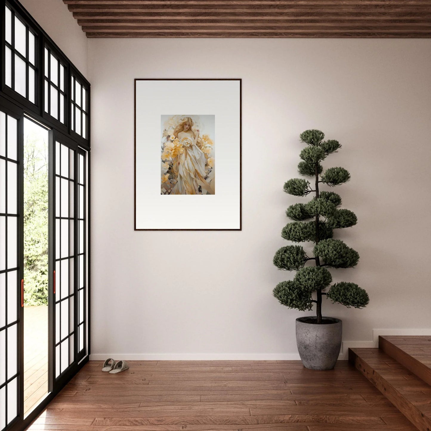 Framed wall art of a figure in white and gold for elegant room decor, Ethereal Blossom Sway