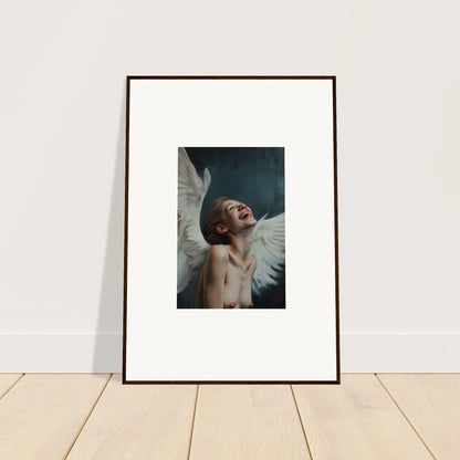 Framed wall art of a figure with white wings, perfect for room decor and wing time