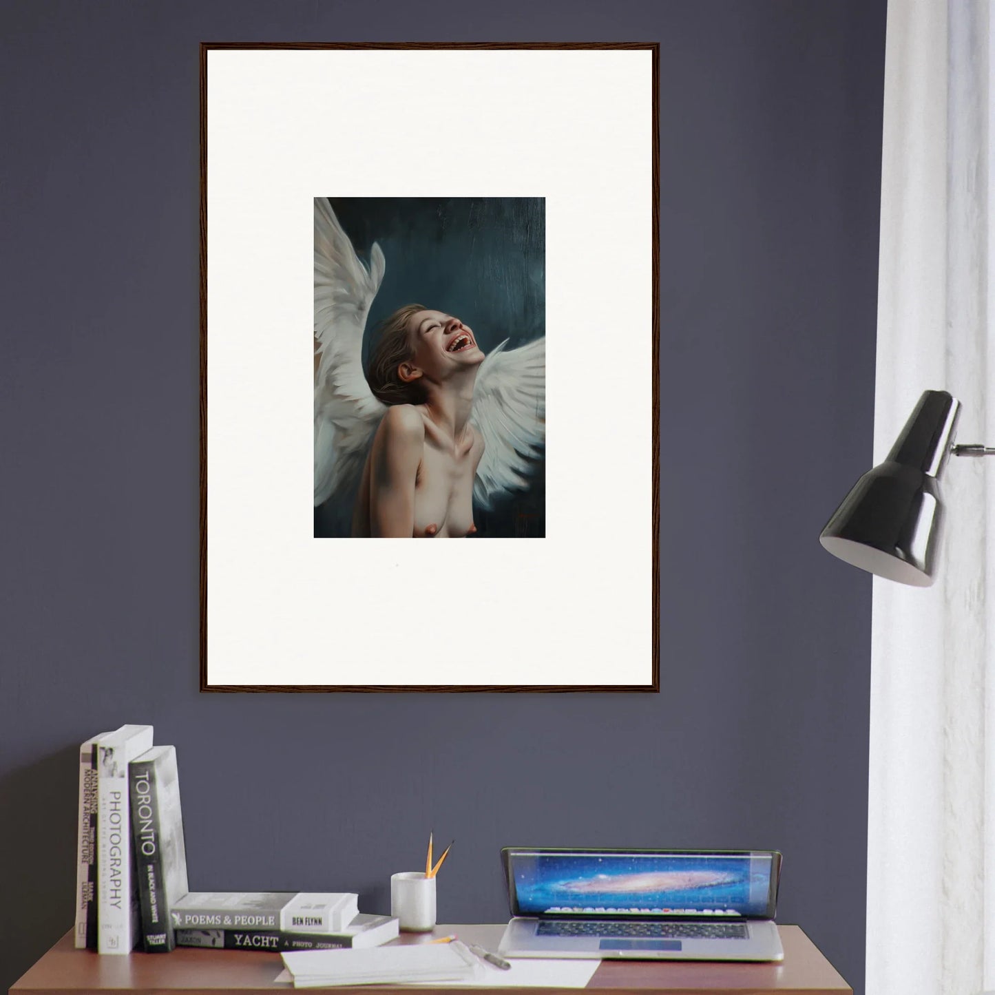 Framed wall art featuring a figure with white wings for stylish room decor