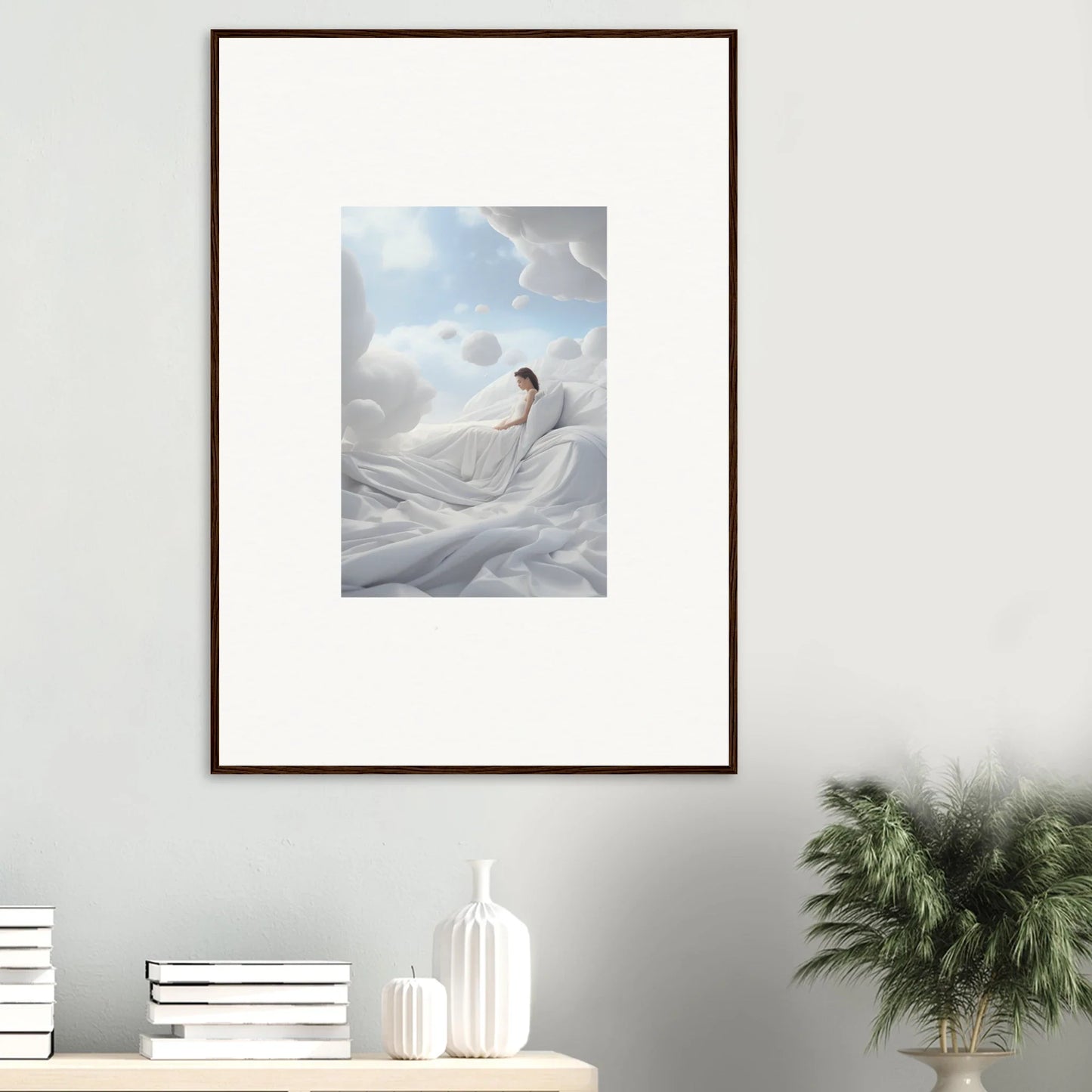 Framed wall art of a figure on white fabric, perfect for cotton dream room decor