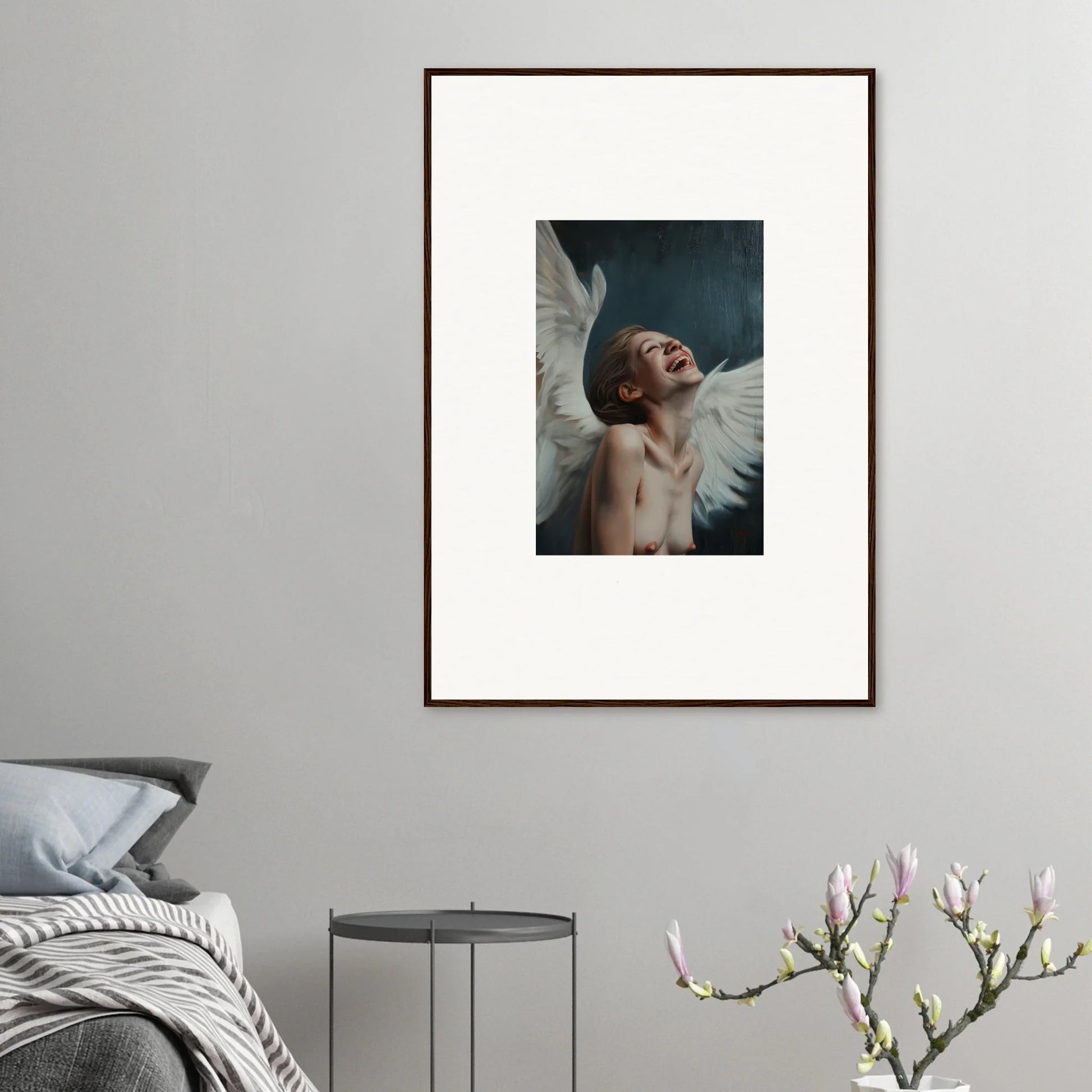 Framed wall art of a figure with white wings in a dramatic pose for stunning room decor