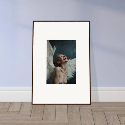 Framed wall art of a figure with wings in an expressive pose for wing time room decor