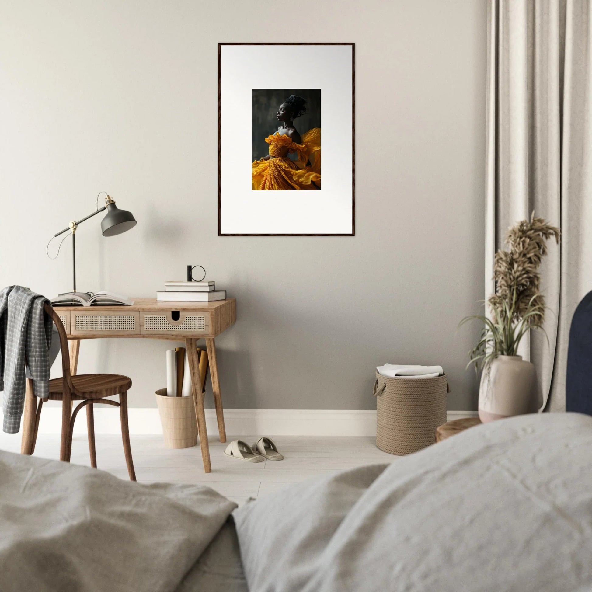 Framed wall art of a figure in a yellow dress for stunning Room Decor, Silence Rapture