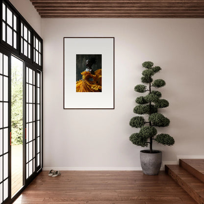 Framed wall art of a figure in a yellow dress, perfect for sunlit whispers room decor