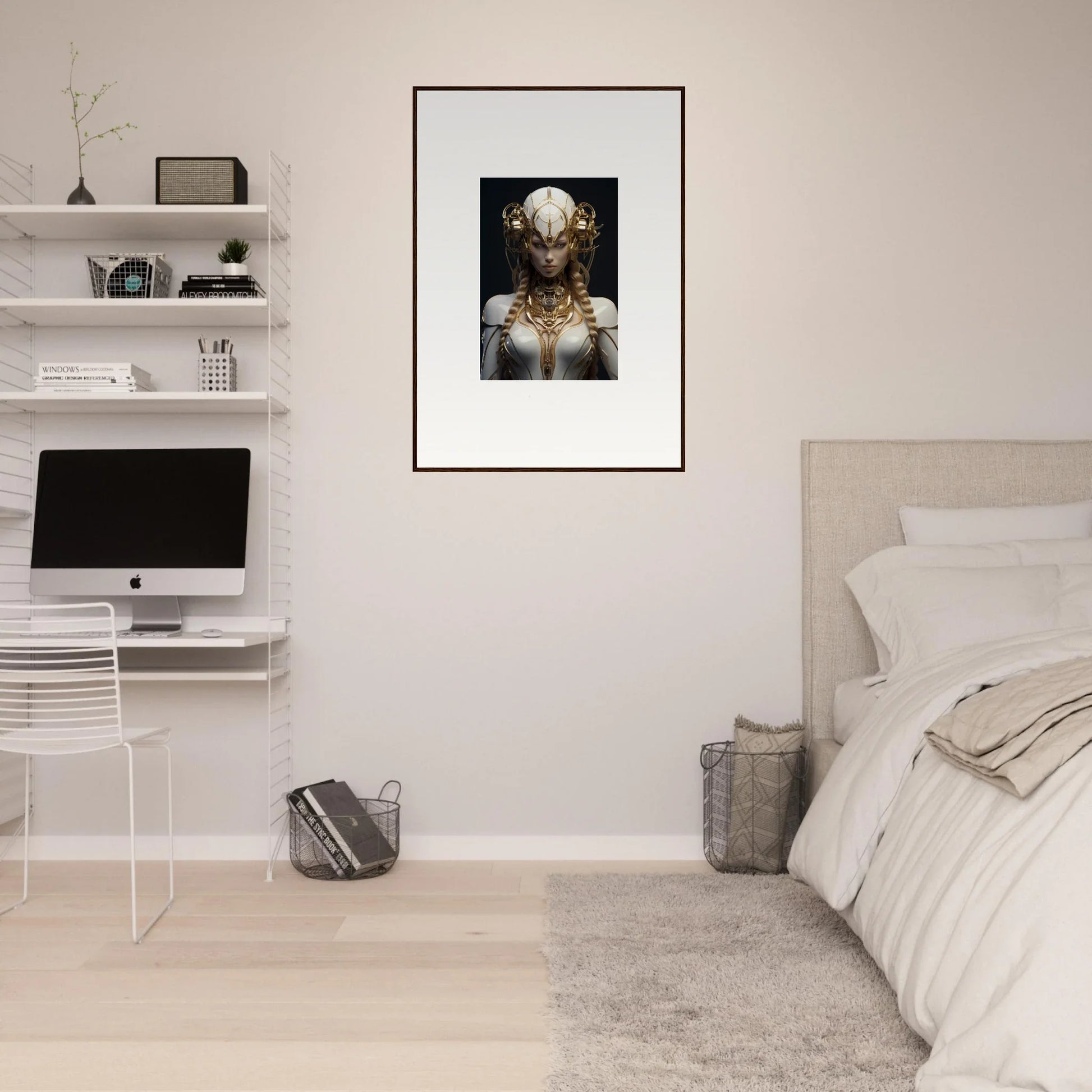 Framed wall art of Futuristic Humanoid in Gilded Cosmos for unique room decor