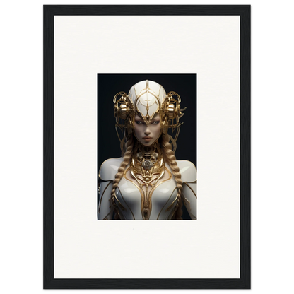 Framed wall art of a futuristic female figure in the Gilded Cosmos design, ideal room decor