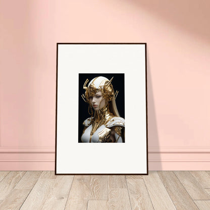 Framed wall art of a golden humanoid figure for elegant room decor, Gilded Elo Crowne