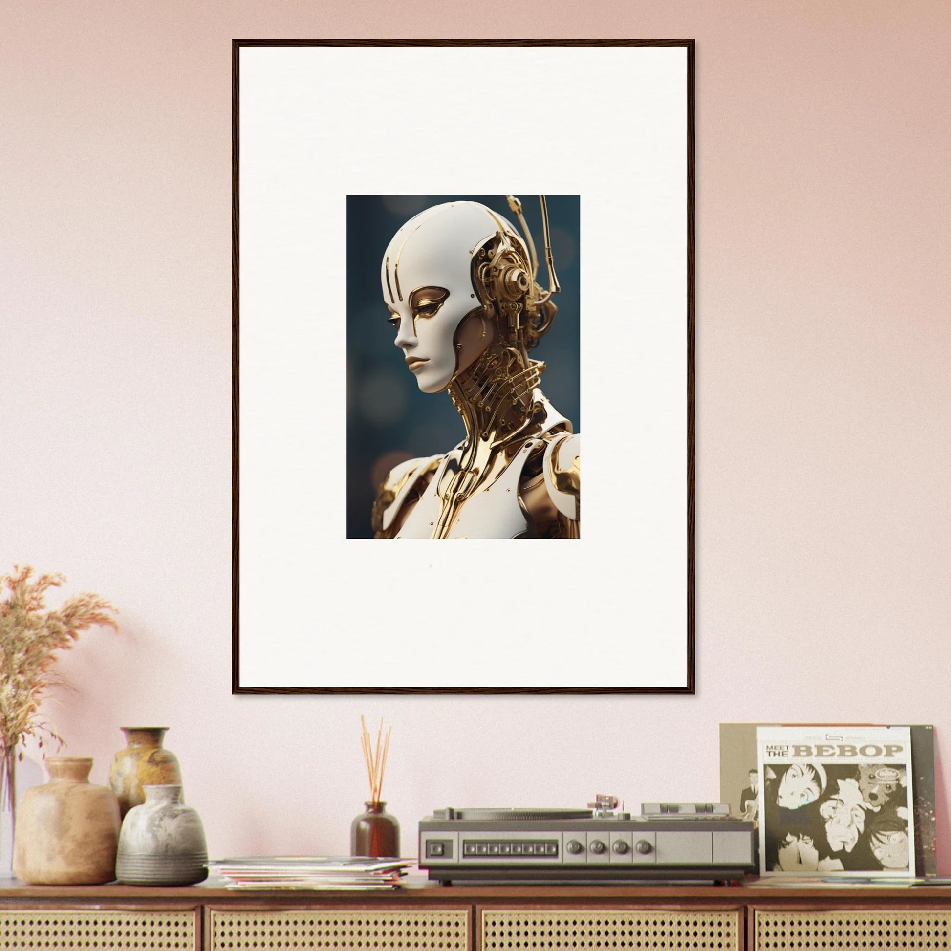 Framed wall art of a futuristic humanoid robot for whiskey obedient room decor