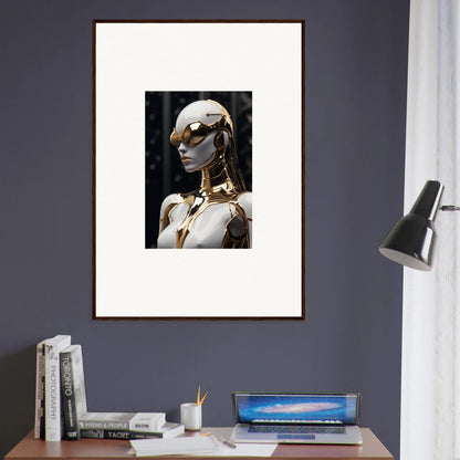 Framed wall art of a futuristic humanoid robot with gold accents for room decor