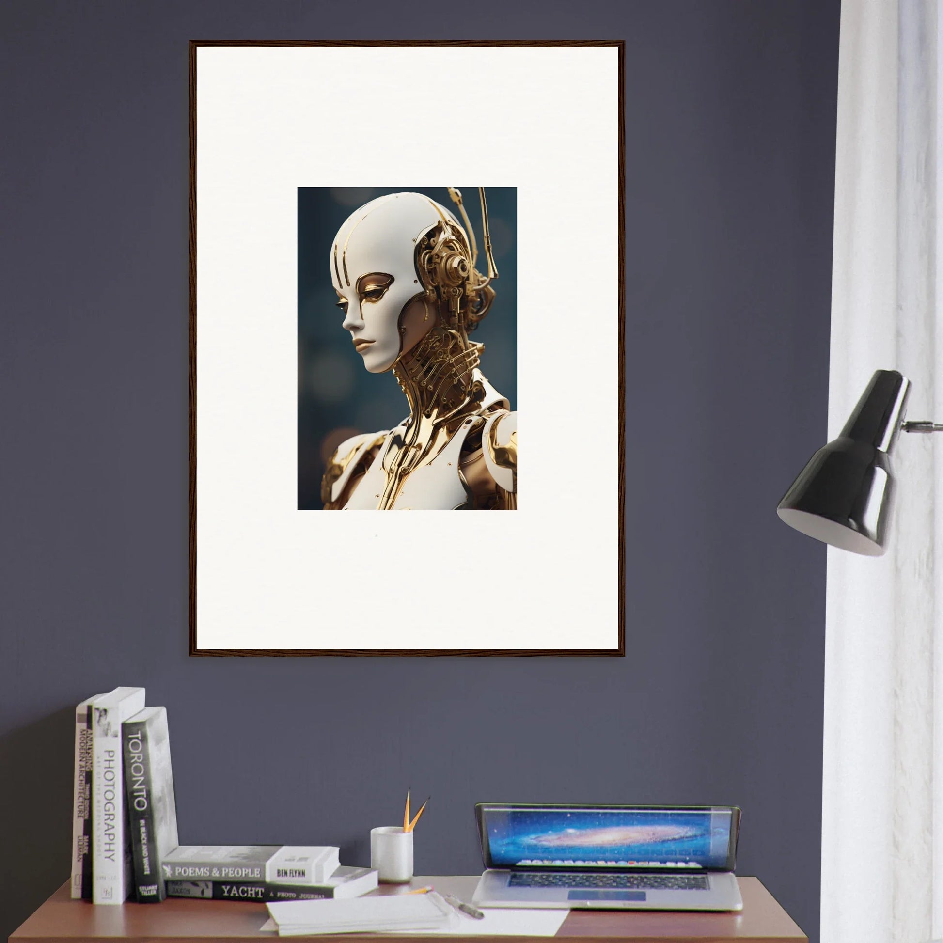 Framed wall art of a futuristic humanoid robot for whiskey obedient room decor