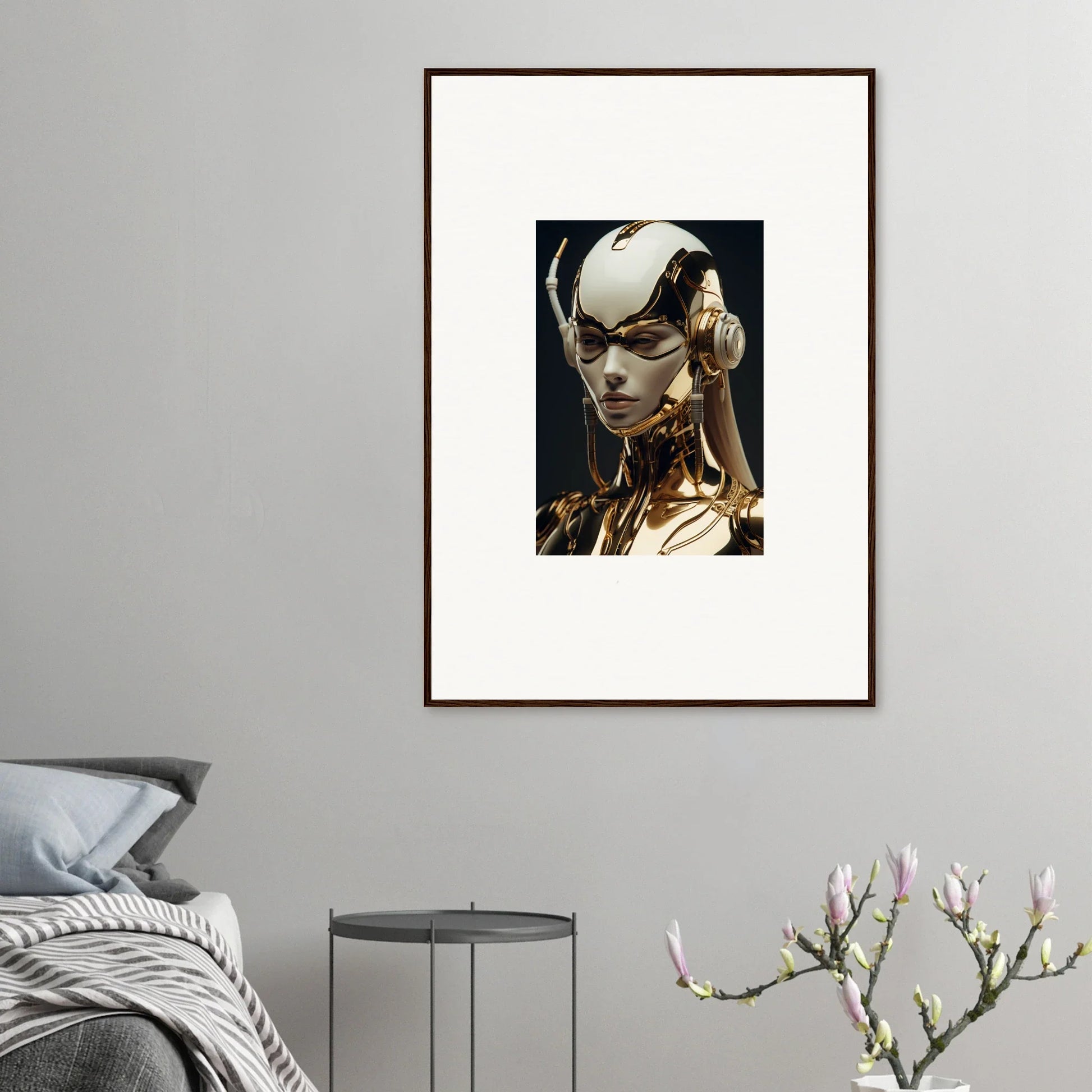 Futuristic humanoid framed wall art with metallic gold features for botanical sonata room decor