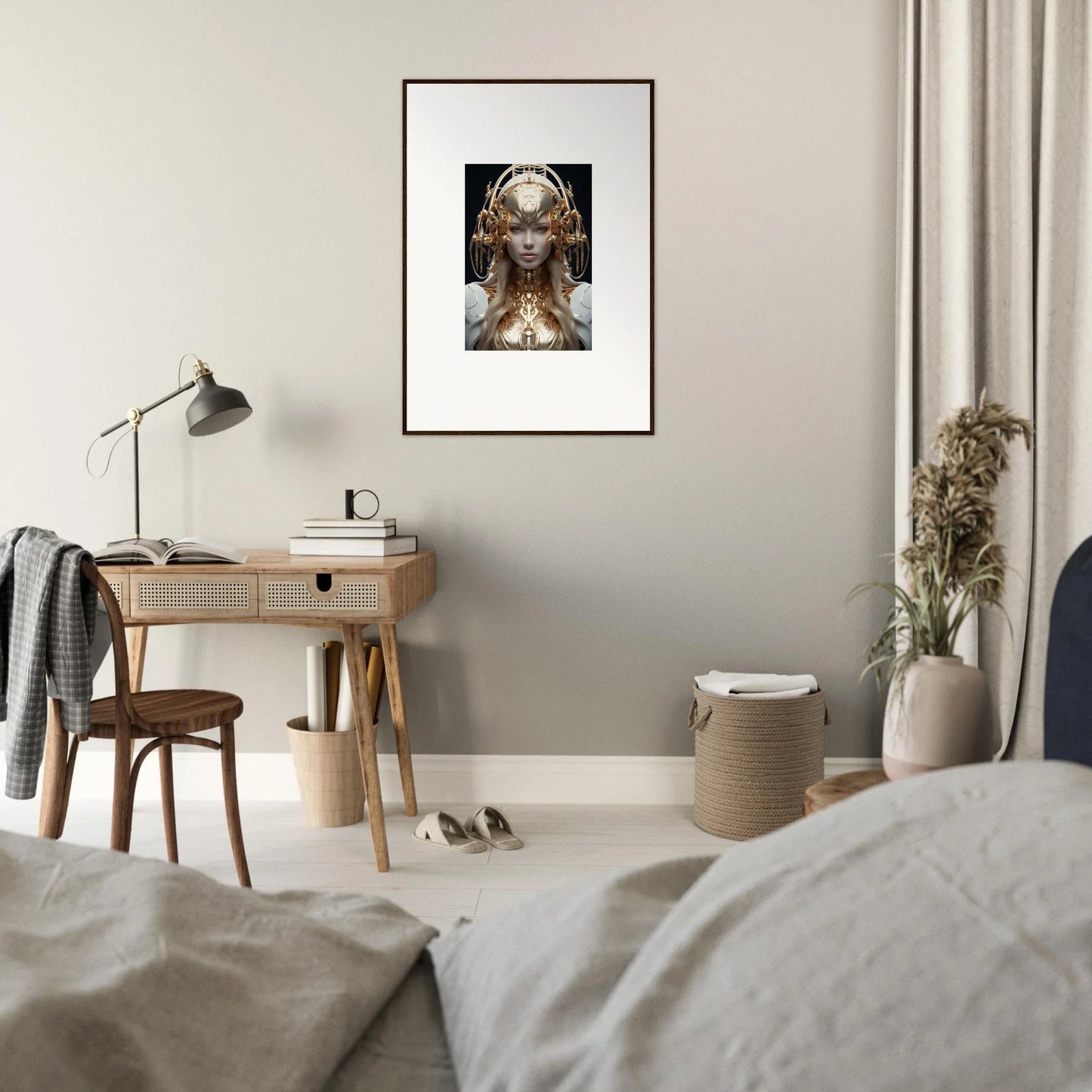 Framed wall art of a futuristic humanoid in Golden Mind Reverie for unique room decor