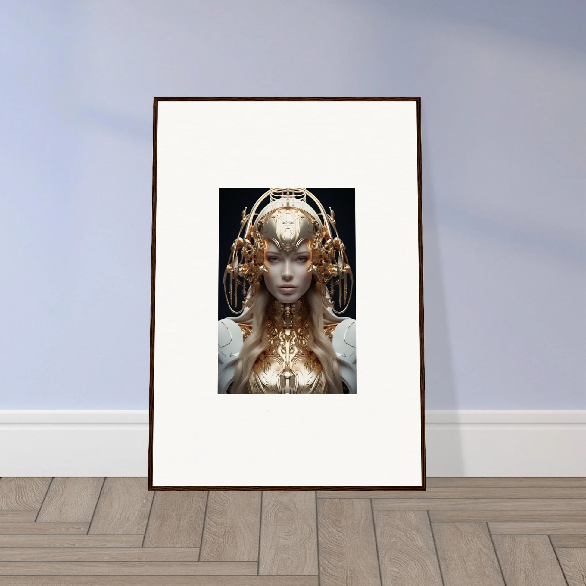 Framed wall art of a futuristic female figure for elegant mind reverie room decor