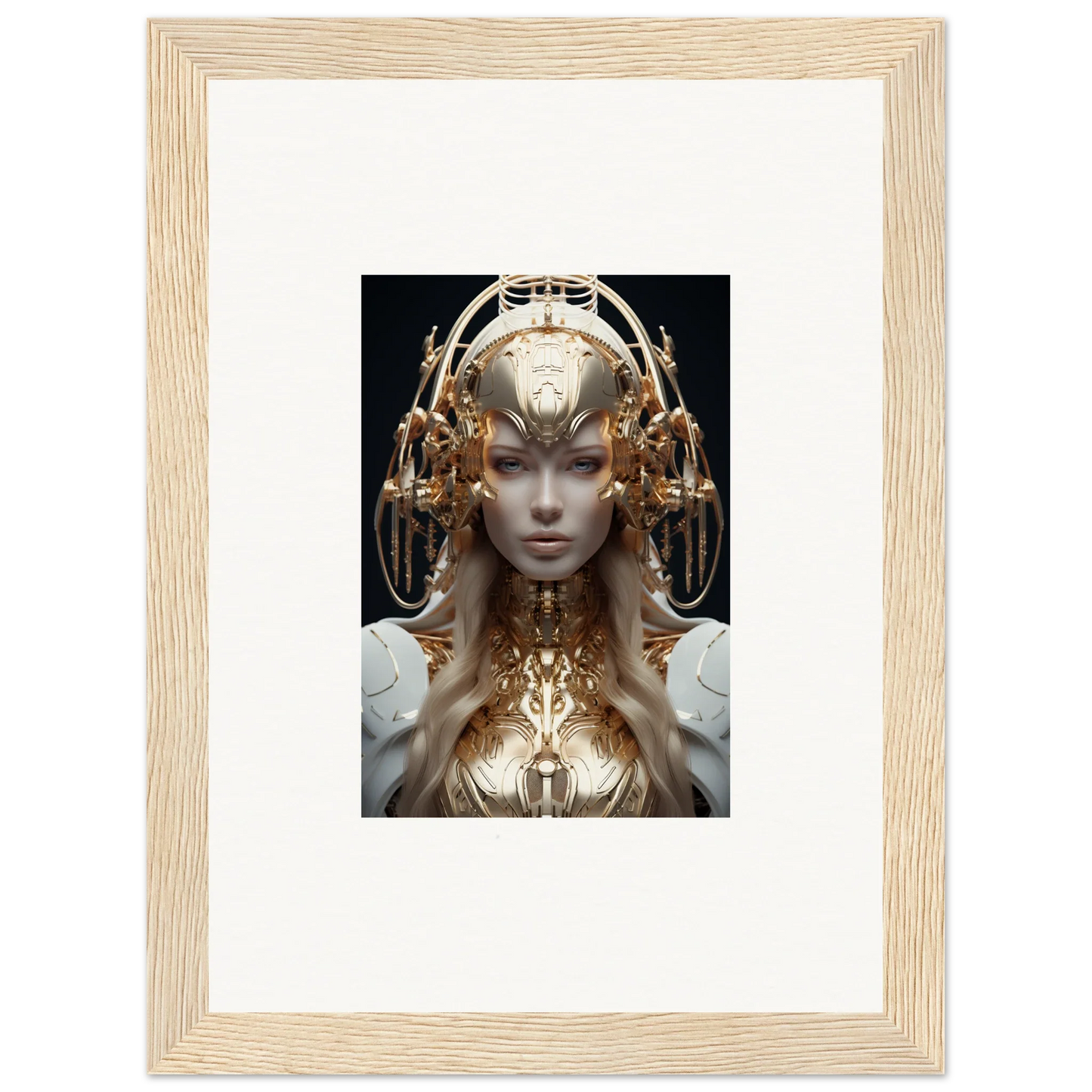 Framed wall art of a futuristic humanoid with golden headdress for mind reverie room decor