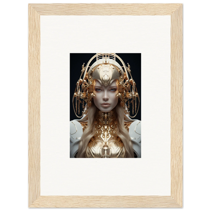 Framed wall art of a futuristic humanoid with golden headdress for mind reverie room decor